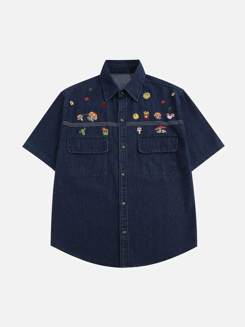 Wohnix - Cartoon Stickerei Denim Kurzarmhemden 2