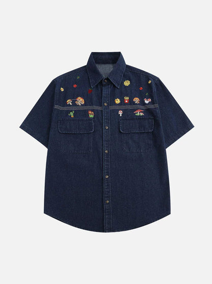 Wohnix - Cartoon Stickerei Denim Kurzarmhemden 2